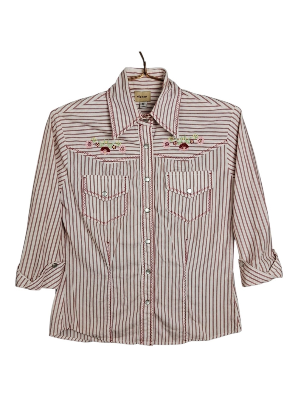 Ella Moss Western Shirt Small S Red Striped Embroidered Pearl Snap Cotton Blouse